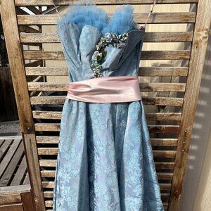 Vintage 50s Blue Lace Prom Dress • Strapless Tulle Bust • Pink Satin Bow • XS/S